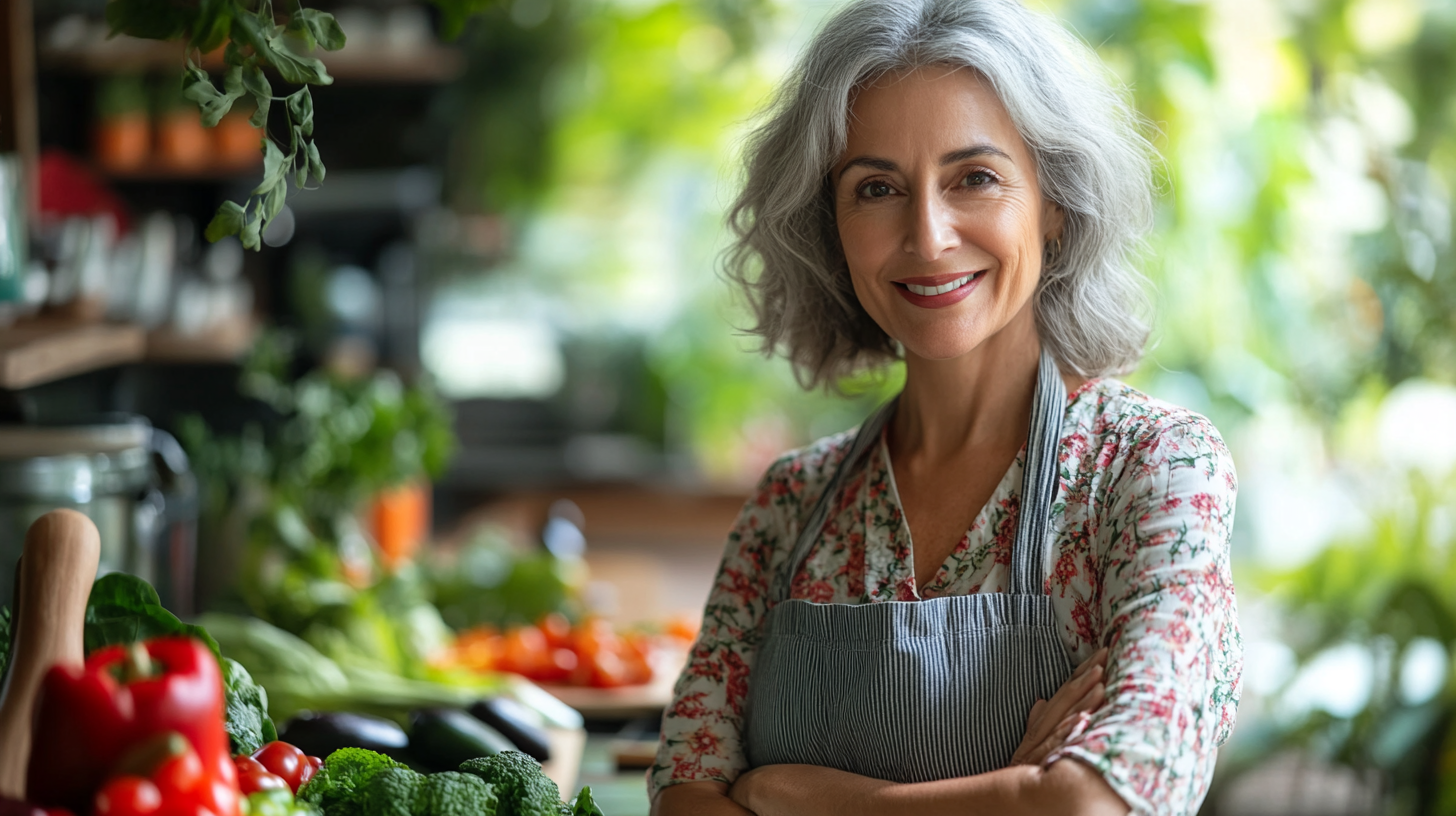 Старша жінка готує здорову їжу на кухні